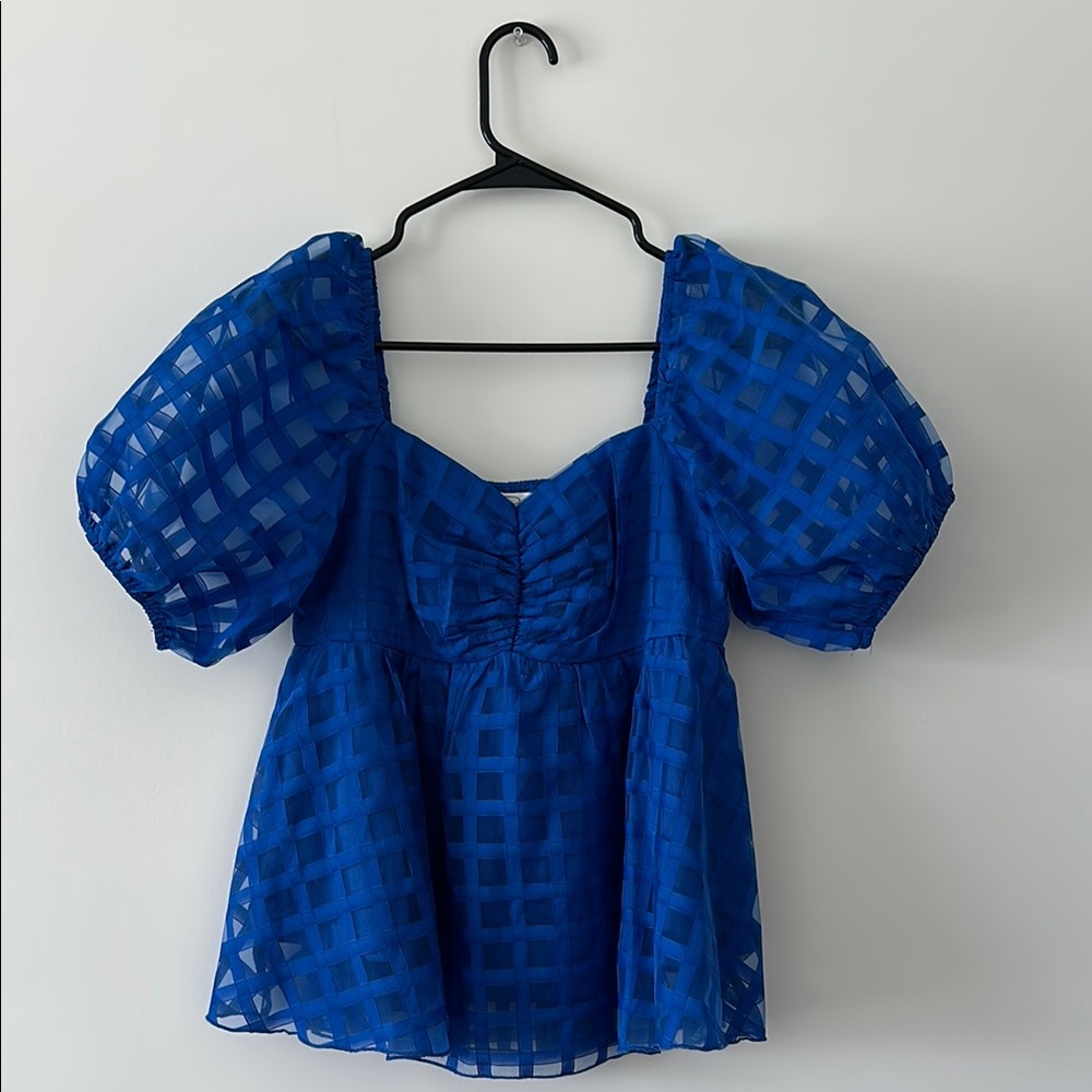 Blue Puff Sleeve Short Blouse